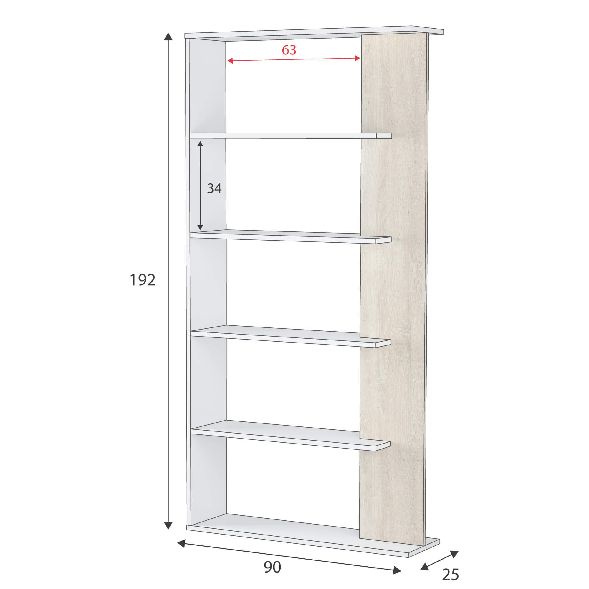 Estantería Alida alta de 5 estantes acabado blanco artic/roble, 180 cm(alto)90  cm(ancho)